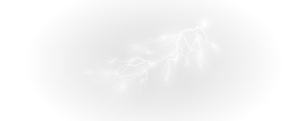 Naklejka premium Realistic lightning flash effect, thunderstorm and lightning. Shining white lightning isolated on transparent background, natural phenomenon png. 