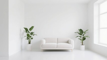 Minimalist white living room with sofa and potted plants near a window