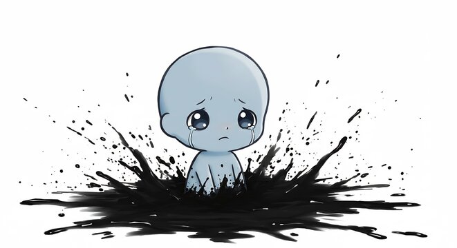 孤独な灰色小人 黒いインクに沈む 悲しげな瞳 優しい光に包まれる. AI Generated