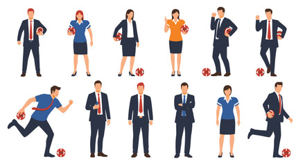 Diverse Business Professionals playing football isolated on white background