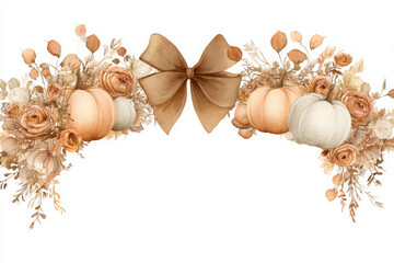 Naklejka premium Watercolor beautiful, elegant light brown autumn floral garland with ribbon, bow, and pumpkins. Frame border clipart on a white background, in pastel watercolor.