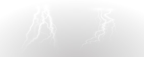 Realistic lightning flash effect, thunderstorm and lightning. Shining white lightning isolated on transparent background, natural phenomenon png.	
