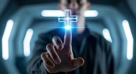 Person Touching Digital Cross Futuristic Interface.