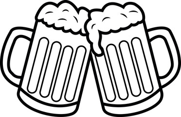 Beer mugs clinking with foam outline illustration