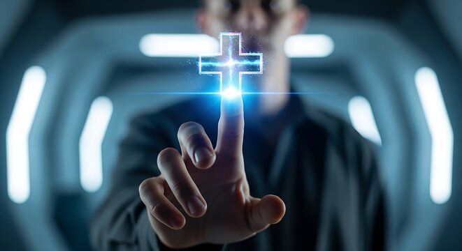 Person Touching Digital Cross Futuristic Interface. - Powered by Adobe