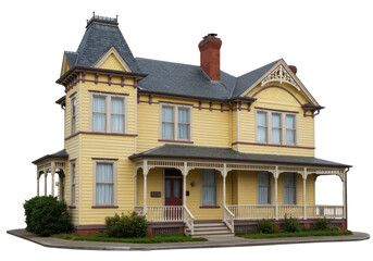 Fototapeta premium Isolated Yellow Victorian House Architecture on a Sunny Day, Classic Architectural Style