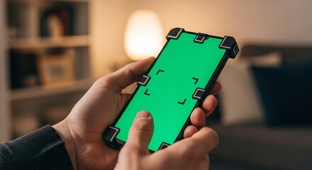 Person using smartphone with green screen.