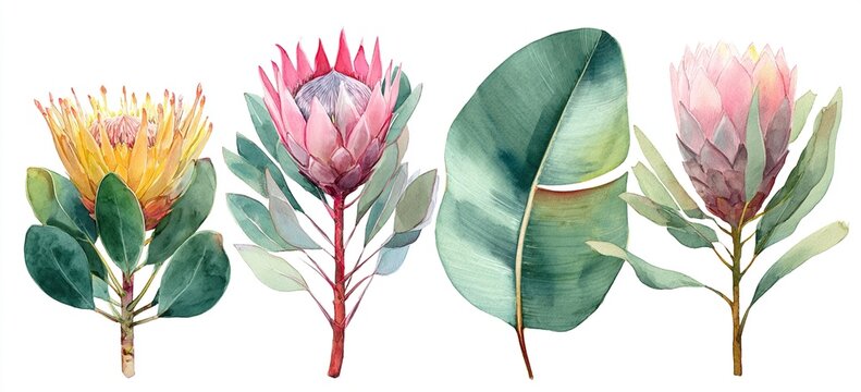 Set of watercolor protea flower and tropical leaves, hand painted illustration of exotic australian and african floral elements isolated on a white background. High quality