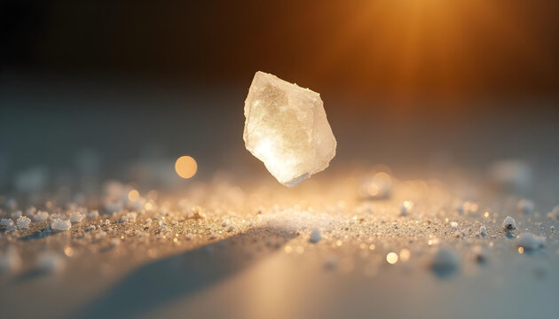 The Levitating Salt Crystal: An extreme macro shot of a single, geometrically perfect salt crystal hovering in mid-air. The camera is positioned to highlight its The talline structure, revealing the t