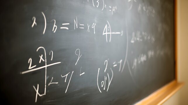 Close up of a chalkboard with mathematical equations and calculations written