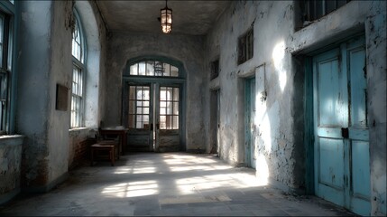 Fototapeta premium Abandoned Hallway with Blue Doors and Distressed Walls