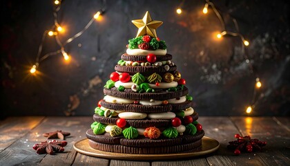 Christmas tree dessert with cookies, frosting, and candy ornaments in warm holiday glow.