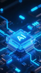 Fototapeta premium AI processor chip illuminated with blue circuitry on a futuristic electronic board