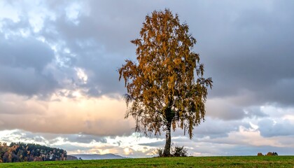 Solitary Birch Tree Autumn Landscape.