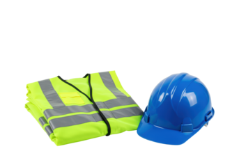 Isolated safety vest and blue hard hat, essential construction site safety apparel tools