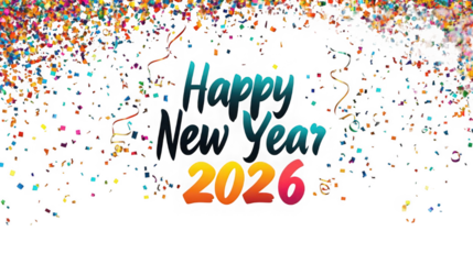 Happy new year 2026 celebration with falling confetti isolated on transparent background