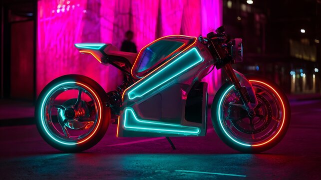 Futuristic motorcycle with neon lights on a dark background, concept art
