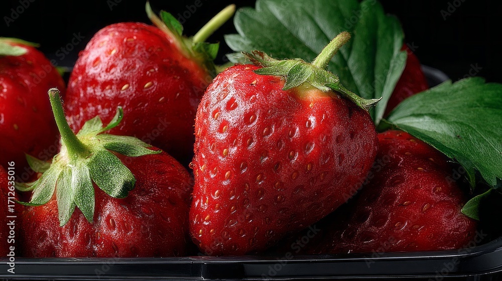 Poster bright red strawberries are arranged in a neat formation, showcasing their fresh quality and appeali