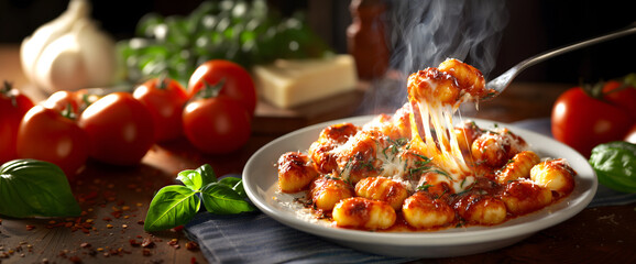 Creative food Concept. Italian comfort dish, steamy potato Gnocchi alla Sorrentina with tomato sauce, melted mozzarella, grated parmesan cheese, basil herb on rustic table  copy text space.