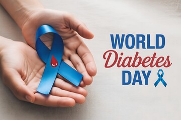 Hands holding blue ribbon for world diabetes day awareness