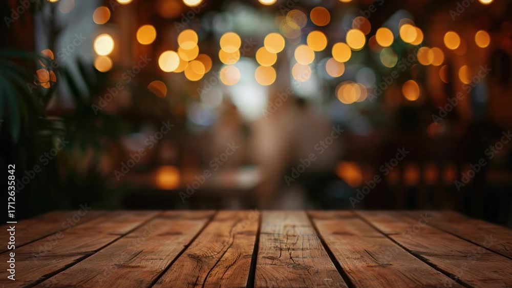 Aufkleber a wooden table with string lights in the background, suitable for use in home decor or event plannin