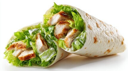 Ultra quality image of classic Caesar wrap with grilled chicken, lettuce, and Caesar dressing on a white isolated background.