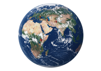 Isolated Earth planet globe model with continents, Europe, Asia and Africa highlighted