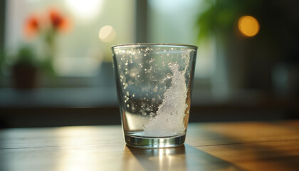 The Glass's Condensation: A static, cinematic shot focusing on the subtle condensation on the outside of a clear drinking glass. The camera is at eye level with the glass, capturing the fine, misty 