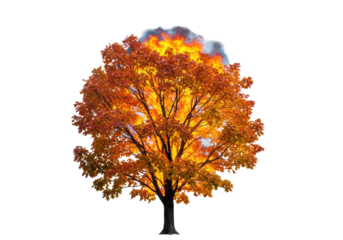 Isolated autumnal tree with vibrant fiery leaves reaching toward smoky skies above it