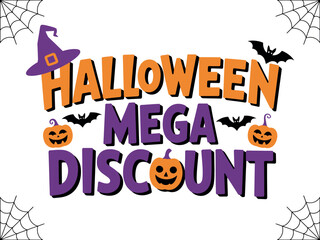 Spooky Halloween Mega Discount sale with pumpkins, bats and witch hat.