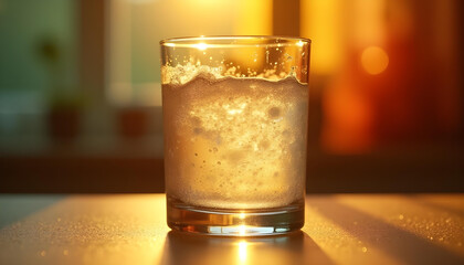 The Glass's Condensation: A static, cinematic shot focusing on the subtle condensation on the outside of a clear drinking glass. The camera is at eye level with the glass, capturing the fine, misty la