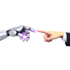 White cyborg robotic hand pointing his finger to human hand with stretched finger - cyber la creation - isolated on free PNG background.