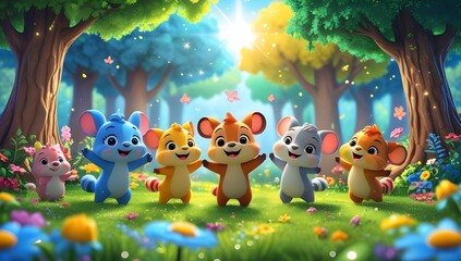 Naklejka premium Cute Cartoon Animals Playing in the Forest
