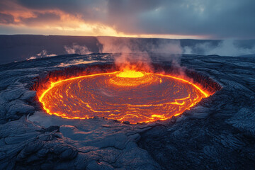 Lava crater spewing fiery lava in forefront.