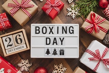 Festive boxing day celebration with gift boxes and calendar marking december 26th surrounded by holiday decorations