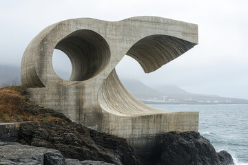 Concrete sculpture on water's edge.