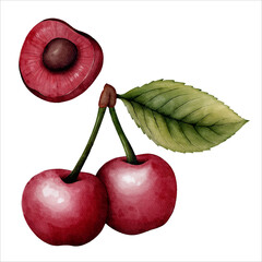 Watercolor illustration of cherries with green leaf and halved fruit showing the pit. Hand-painted style with rich red tones and realistic texture. Perfect for food packaging, kitchen prints
