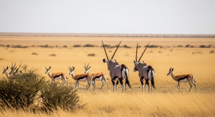 Naklejka premium Gemsbok and Springbok Herd Walking Across Dry African Savanna