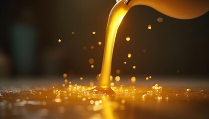 The Pouring Arc: A dynamic, mid-angle cinematic shot capturing a stream of a golden liquid, like honey or cooking oil, as it pours from an unseen vessel. The camera is focused on the graceful, arcing 