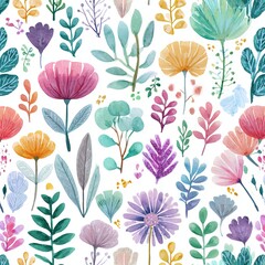 Watercolor floral seamless pattern in cute childish style, colored garden background, hand painting print with abstract flowers, leaves and plants, design texture. High quality