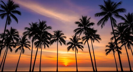 Obraz premium Tropical palm trees in silhouette against a vibrant orange and purple sunset over the sea