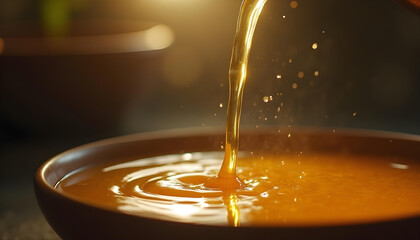 The Pouring Arc: A dynamic, mid-angle cinematic shot capturing a stream of a golden liquid, like honey or cooking oil, as it pours from an unseen vessel. The camera is focused on the graceful, arcing 
