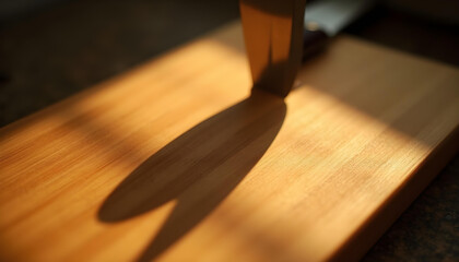 Handle's Shadow: A static, low-angle shot that is entirely focused on the sharp, crisp shadow cast by a hovering utensil handle. The camera is aimed to capture the shadow on the textured, wooden cutti