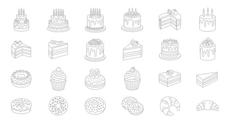 Delicious Desserts Line Icons Set  Cakes Cupcakes Donuts and Pastries Vector Illustration