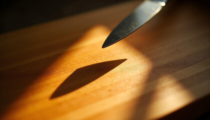 Handle's Shadow: A static, low-angle shot that is entirely focused on the sharp, crisp shadow cast by a hovering utensil handle. The camera is aimed to capture the shadow on the textured,