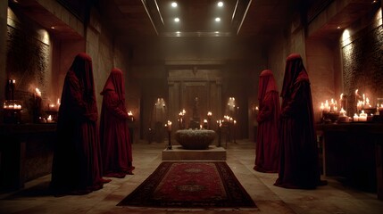 Fototapeta premium Mysterious Ritual in Dark Chamber with Figures in Red Robes