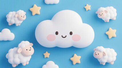 Cute cartoon cloud and sheep with stars on a blue background