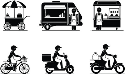 Black and white food vending, delivery icons, mobile food services, street vendors, scooter courier, bicycle delivery, food truck, stall, cart