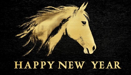 Gold Horse Head on Black Background Happy New Year Design Artwork for Festive Celebrations  