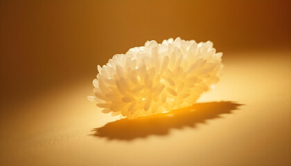 The Perfect Rice Grain: A macro, cinematic shot of a single, polished grain of uncooked rice, perfectly suspended. The camera is positioned to capture its elegant, elongated form and its pearlescent, 
